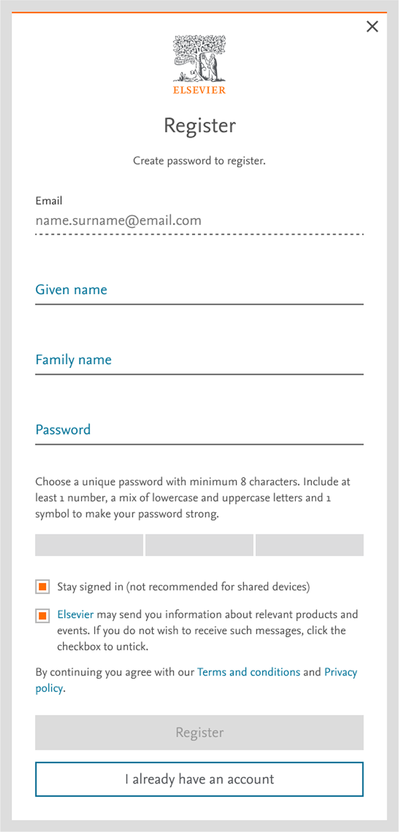 screenshot of the registration screen
